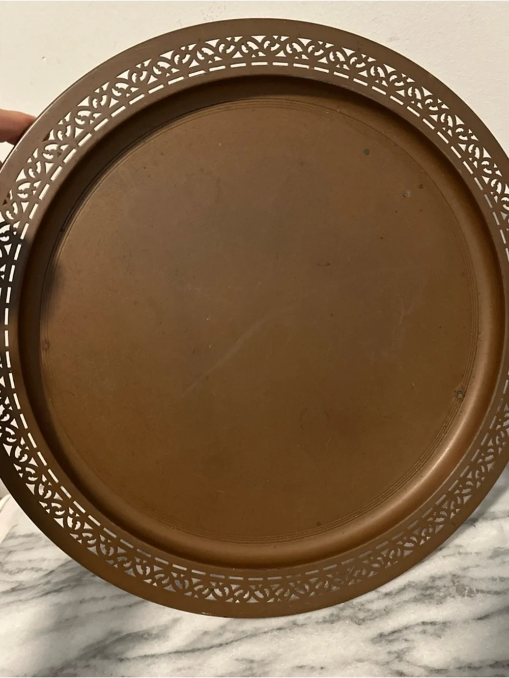 Vintage solid copper tray reticulated border 14”D